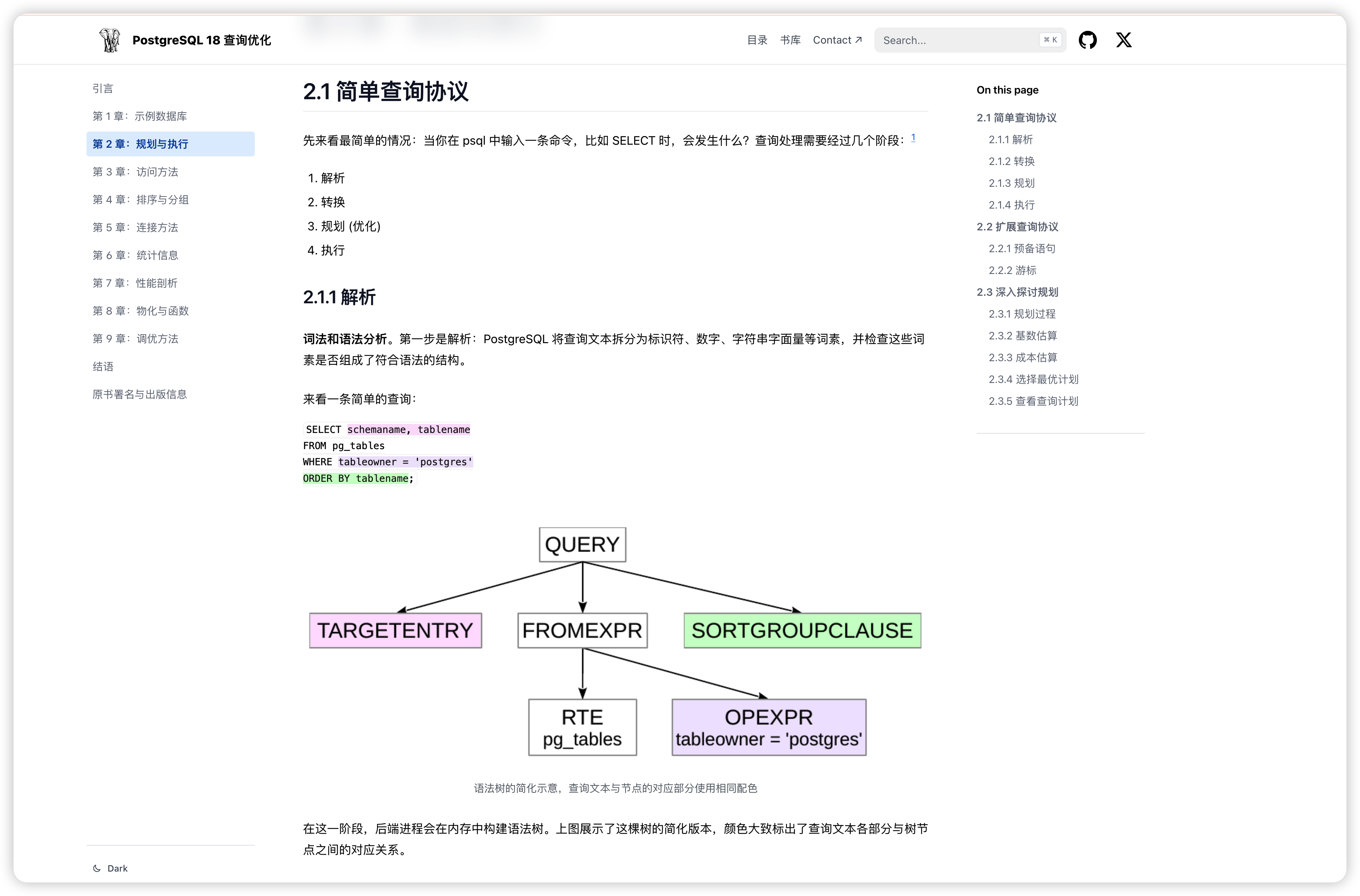 PostgreSQL 18 查询优化中文版的章节阅读界面